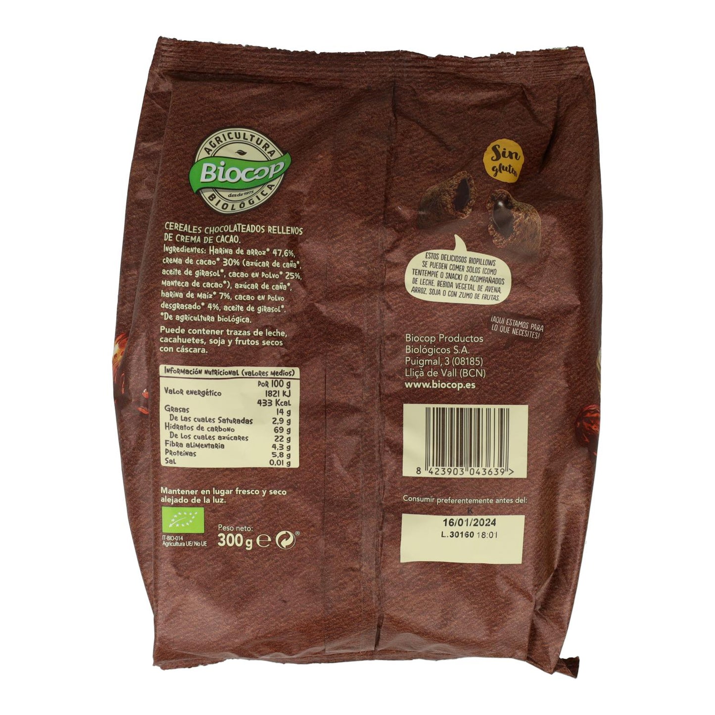 Biopillows Cereali ripieni di cioccolato fondente senza glutine Biocop 300 g