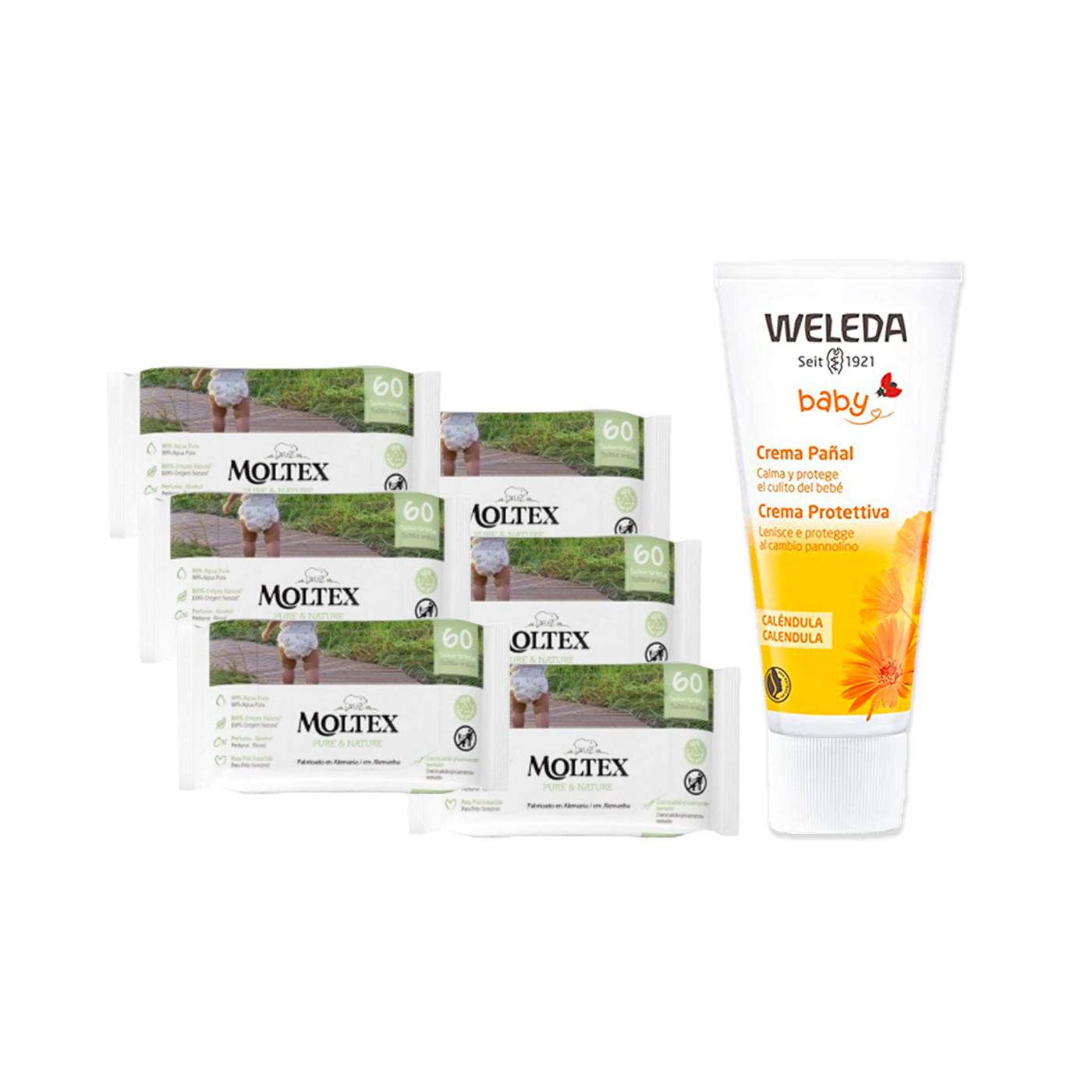 SPECIAL PACK Weleda Calendula Nappy Cream 75 ml + Pack of 6 x Moltex Pure & Nature Wipes 60 Units