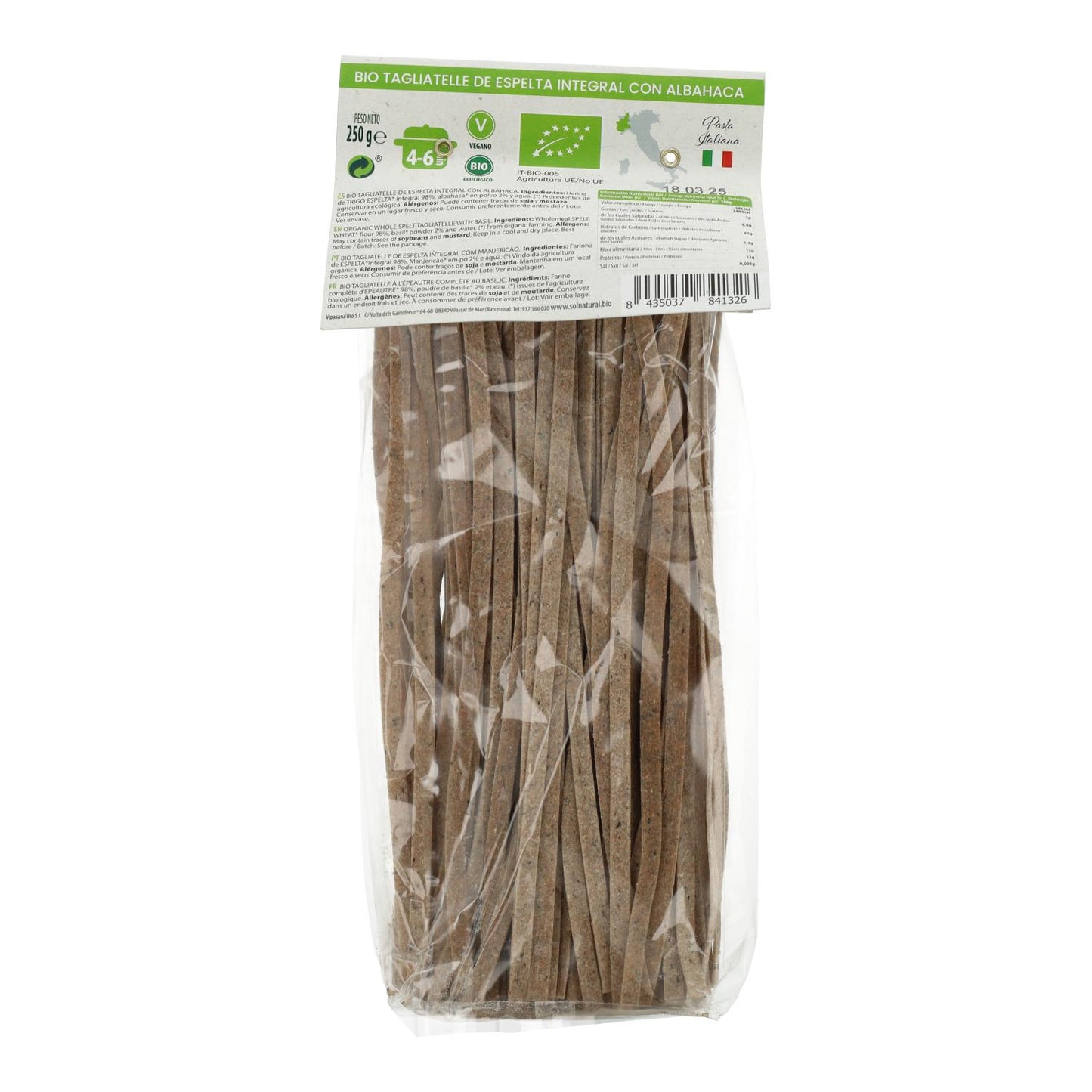 Vollkorn-Dinkel-Tagliatelle mit Basilikum BIO Sol Natural 250 g
