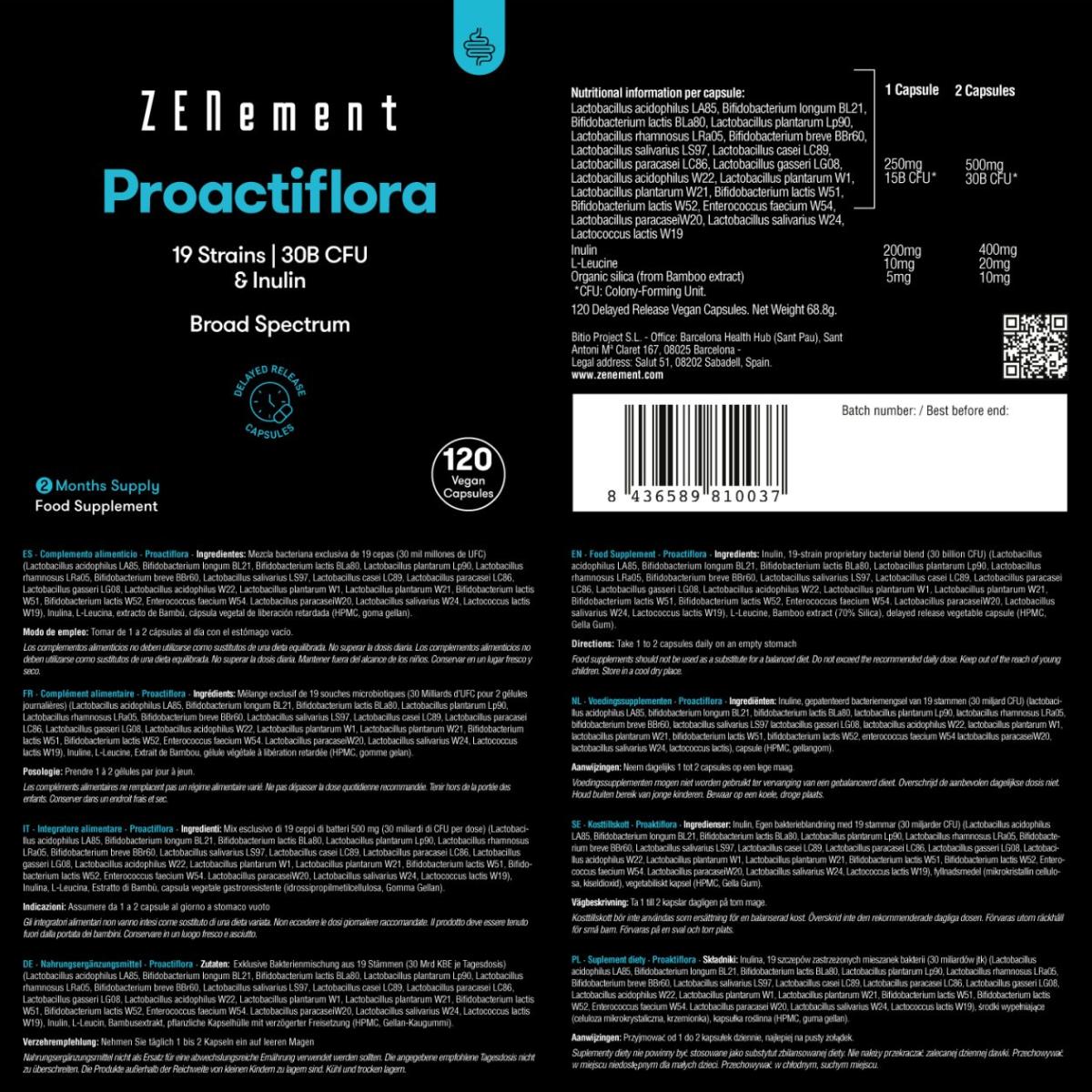 Proactiflora, 19 stammar + inulin, magsyreresistenta kapslar Zenement, 120 tabletter