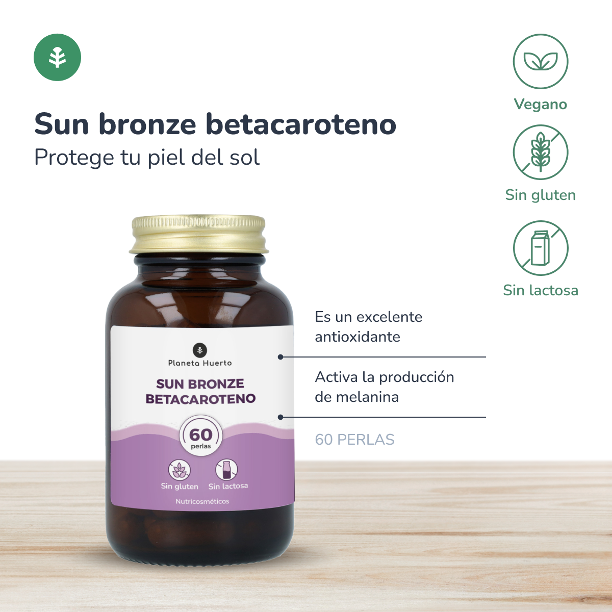 Förpackning med 3x Sun bronze betakaroten Planeta Huerto 60 kapslar