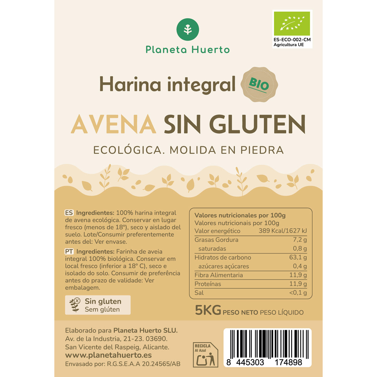 Glutenfreie Vollkorn-Haferflocken Eco Planeta Huerto 5 Kg