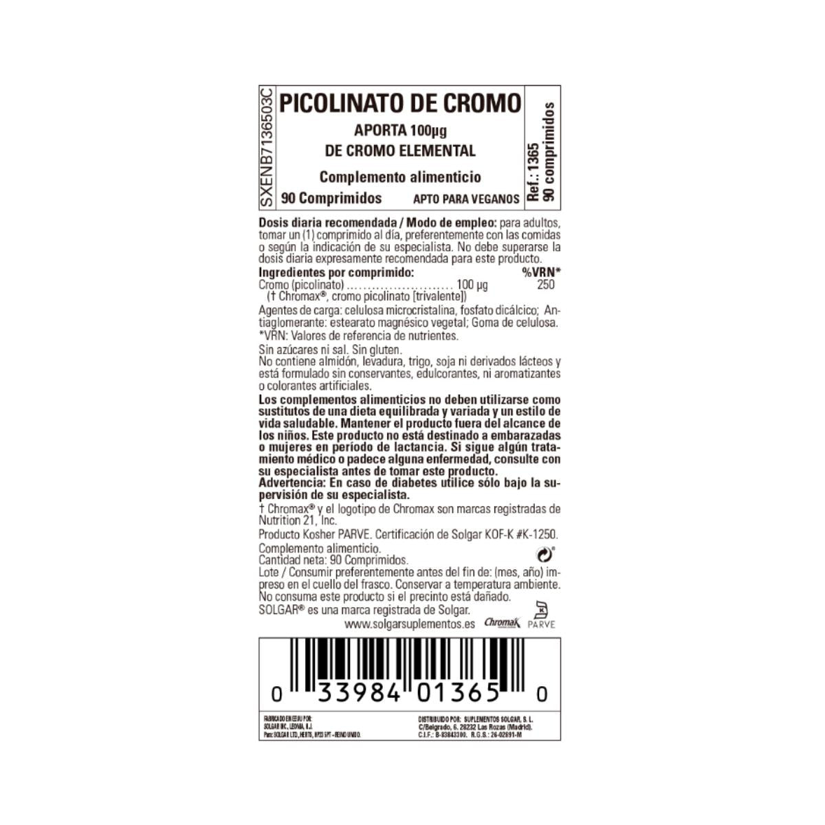 Picolinato di cromo senza lievito 90 capsule Solgar