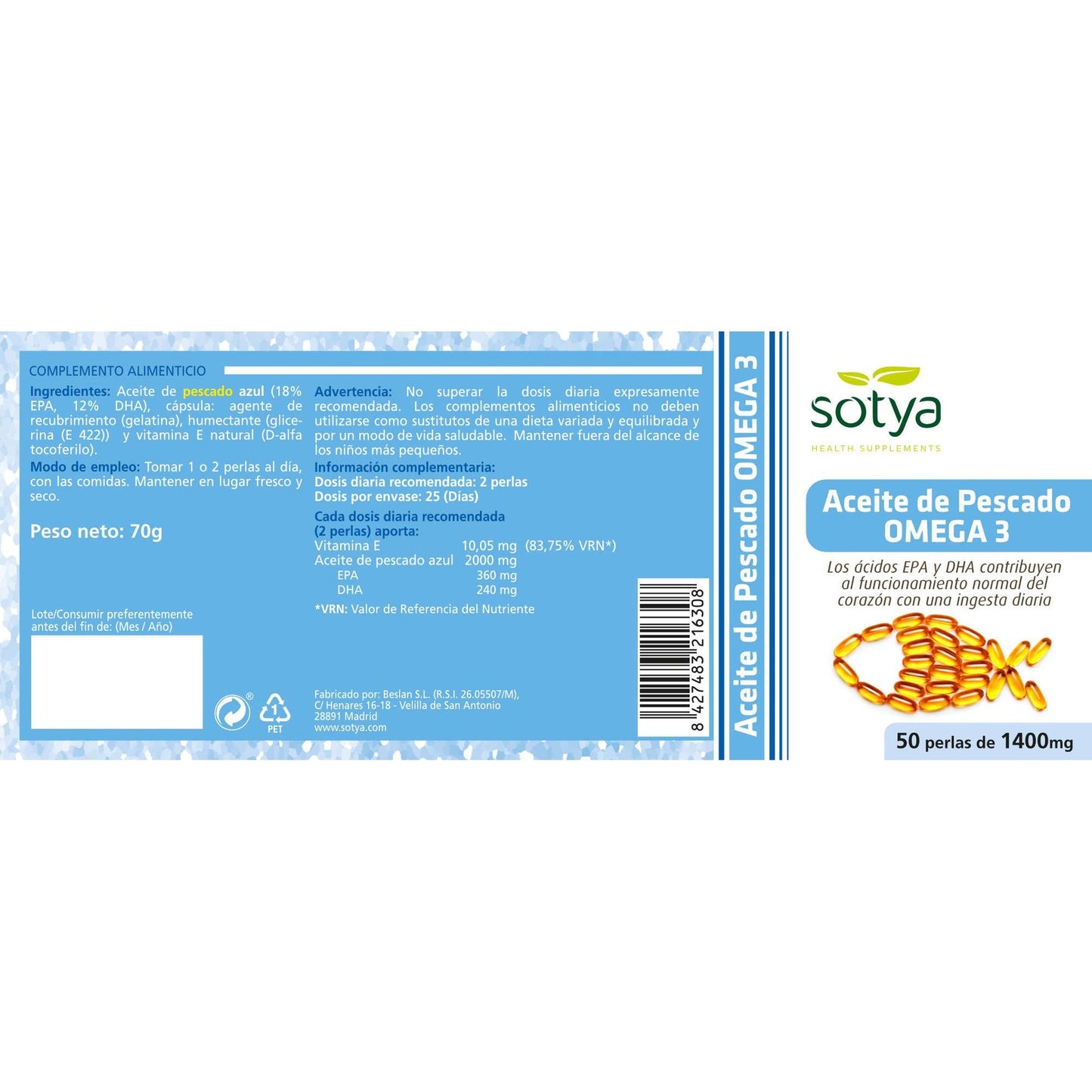 Huile de poisson oméga 3 Sotya 50 perles 1400 mg