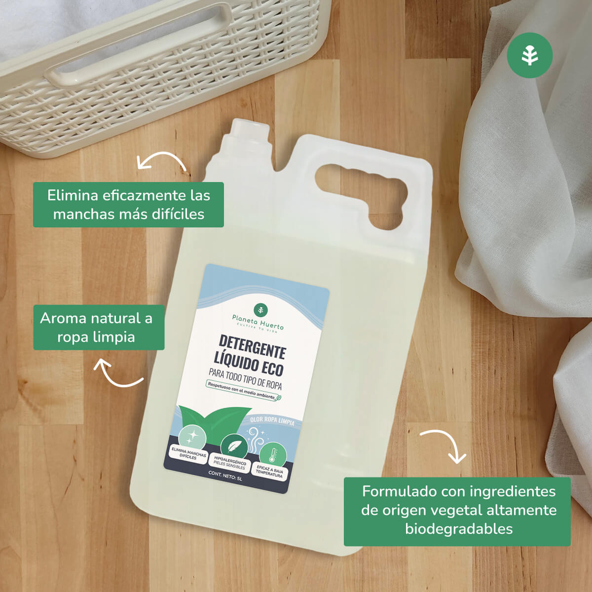 Detergente Líquido Ropa Eco Aroma natural a ropa limpia Planeta Huerto 5 Litros