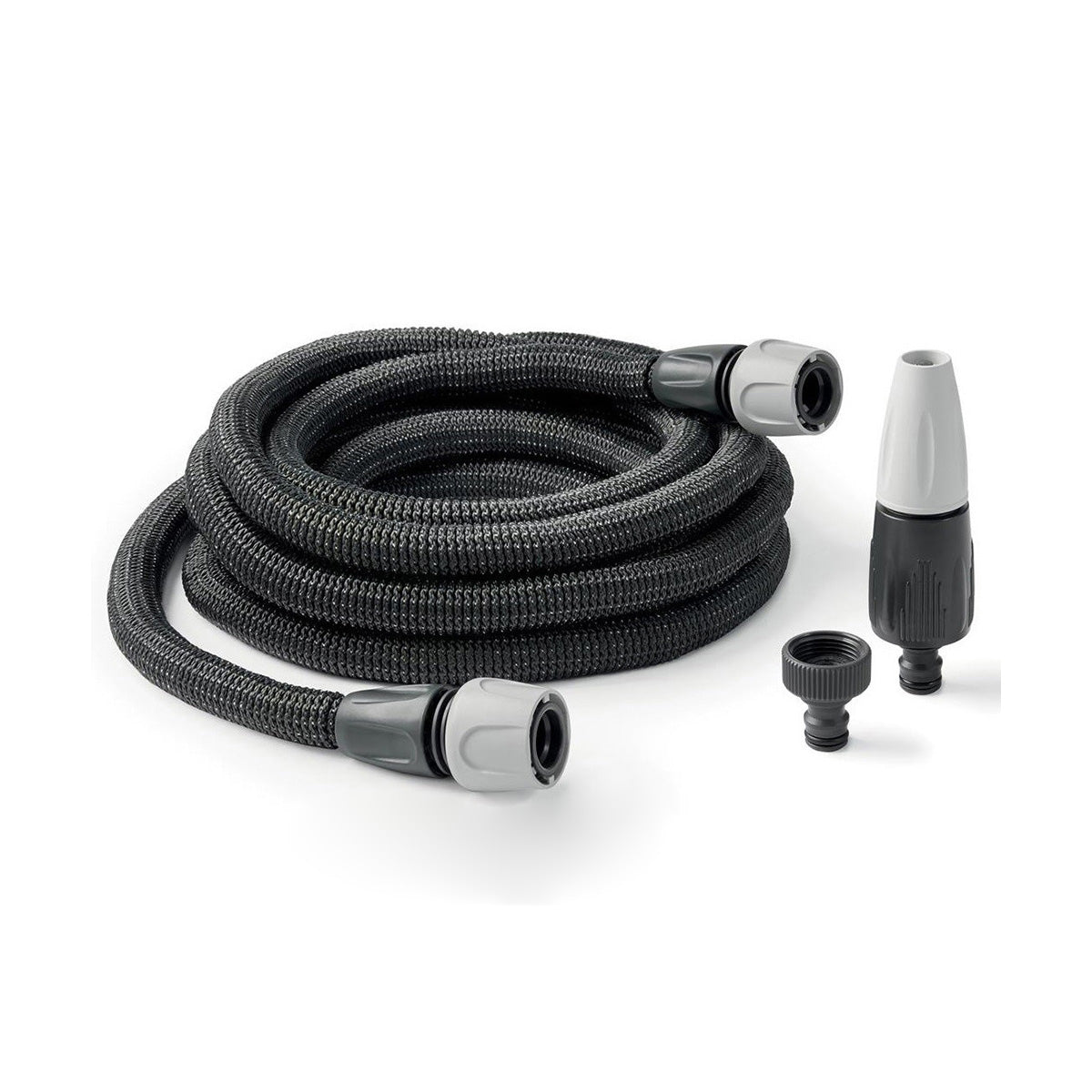 Aquapop Grey Easy 30m extendable hose kit with ergonomic spray nozzle, connectors and tap connector