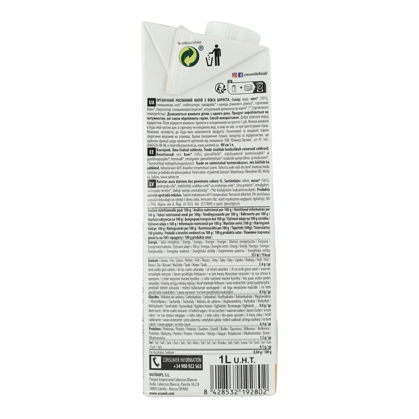 Boisson végétale Barista Avoine BIO EcoMil 1 L