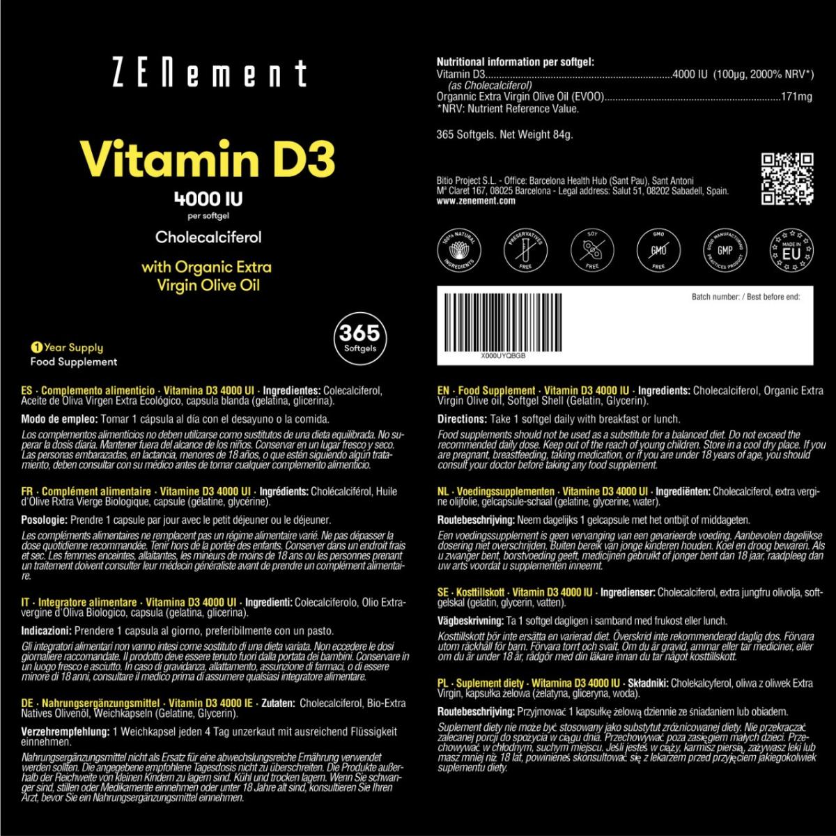 Vitamin D3 4000 IE Zenement, 365 tabletter