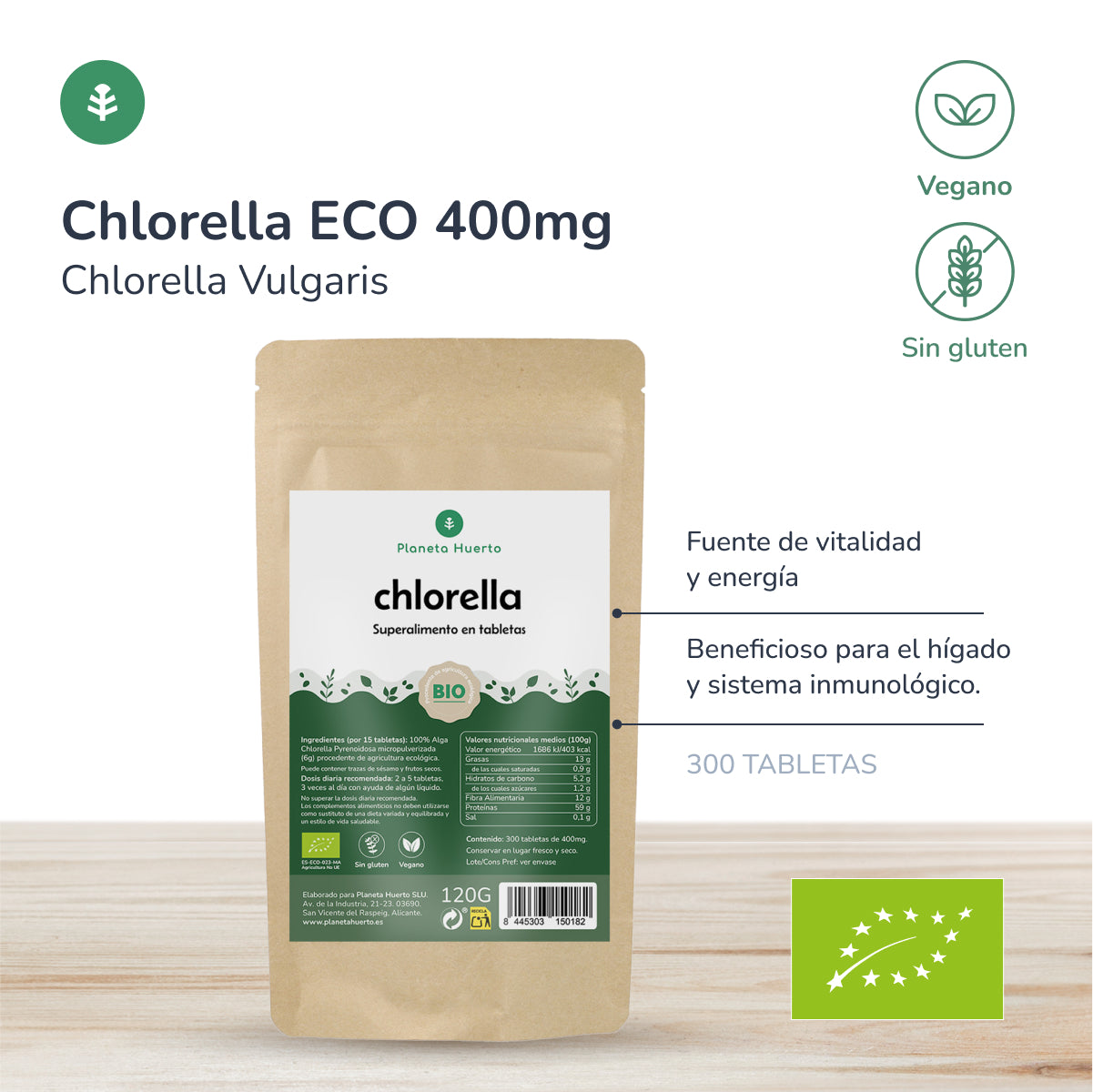 Biologische Chlorella 400 mg Planeta Huerto 300 tabletten