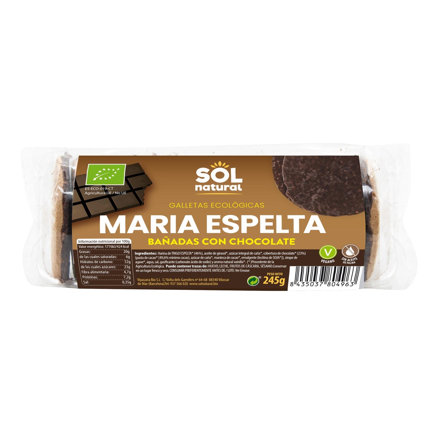 Biscotti Maria di farro ricoperti di cioccolato Bio Sol Natural 245 g