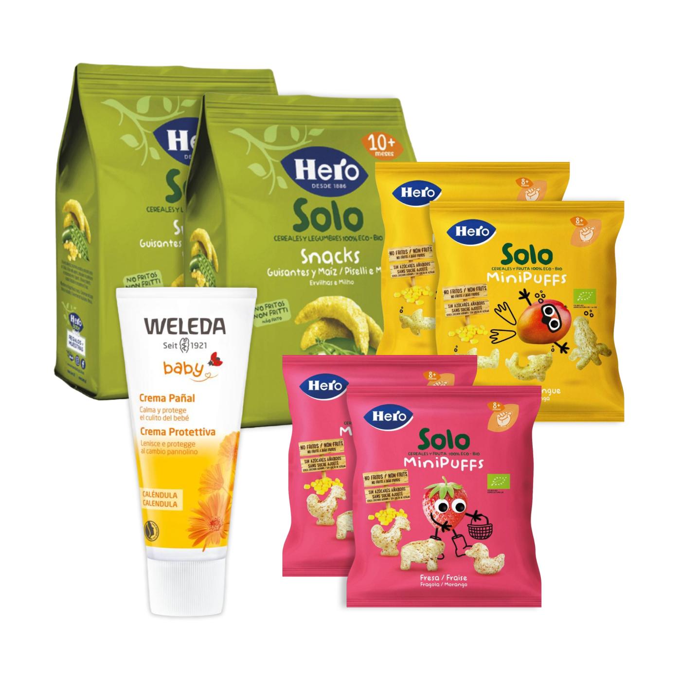 Confezione da 2 snack al mango Hero + 2 snack ai piselli e mais Hero + 2 snack alla fragola Hero + Crema per il cambio Weleda alla calendula