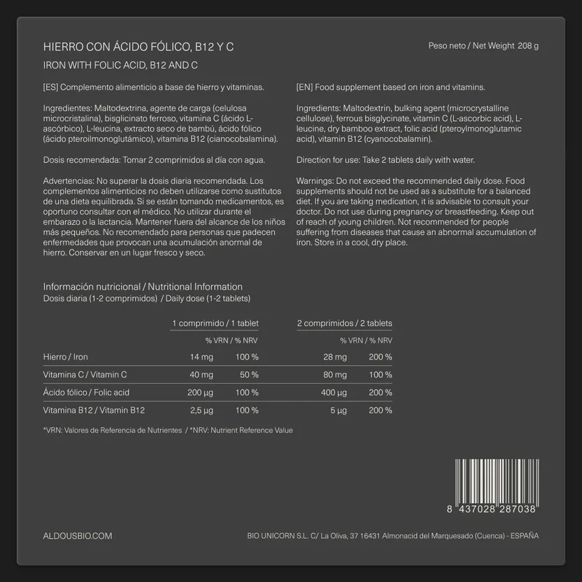 Eisenpräparat 28 mg + Vitamin C, B12 und Folsäure Aldous Bio 400 Tabletten