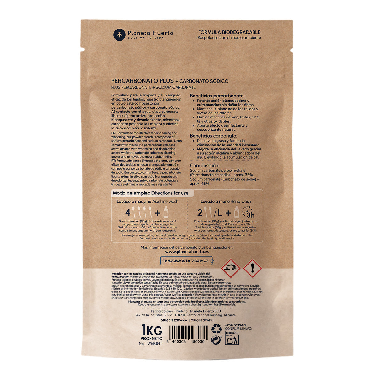 Percarbonato Plus blanqueante especial para ropa Planeta Huerto 1 Kg