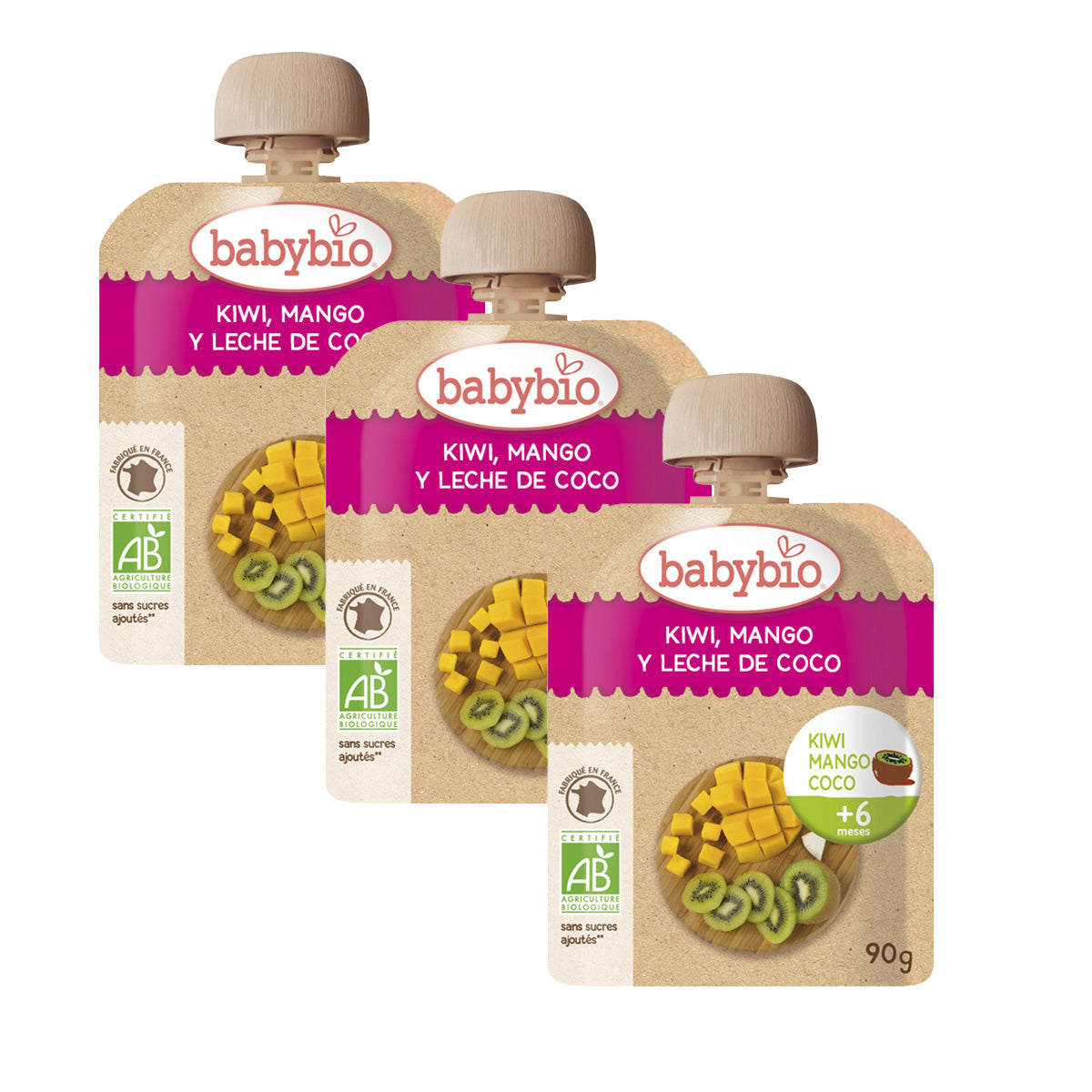 Pack of 3 fruit pouches: Kiwi, Mango and coconut drink, Babybio, 90 g