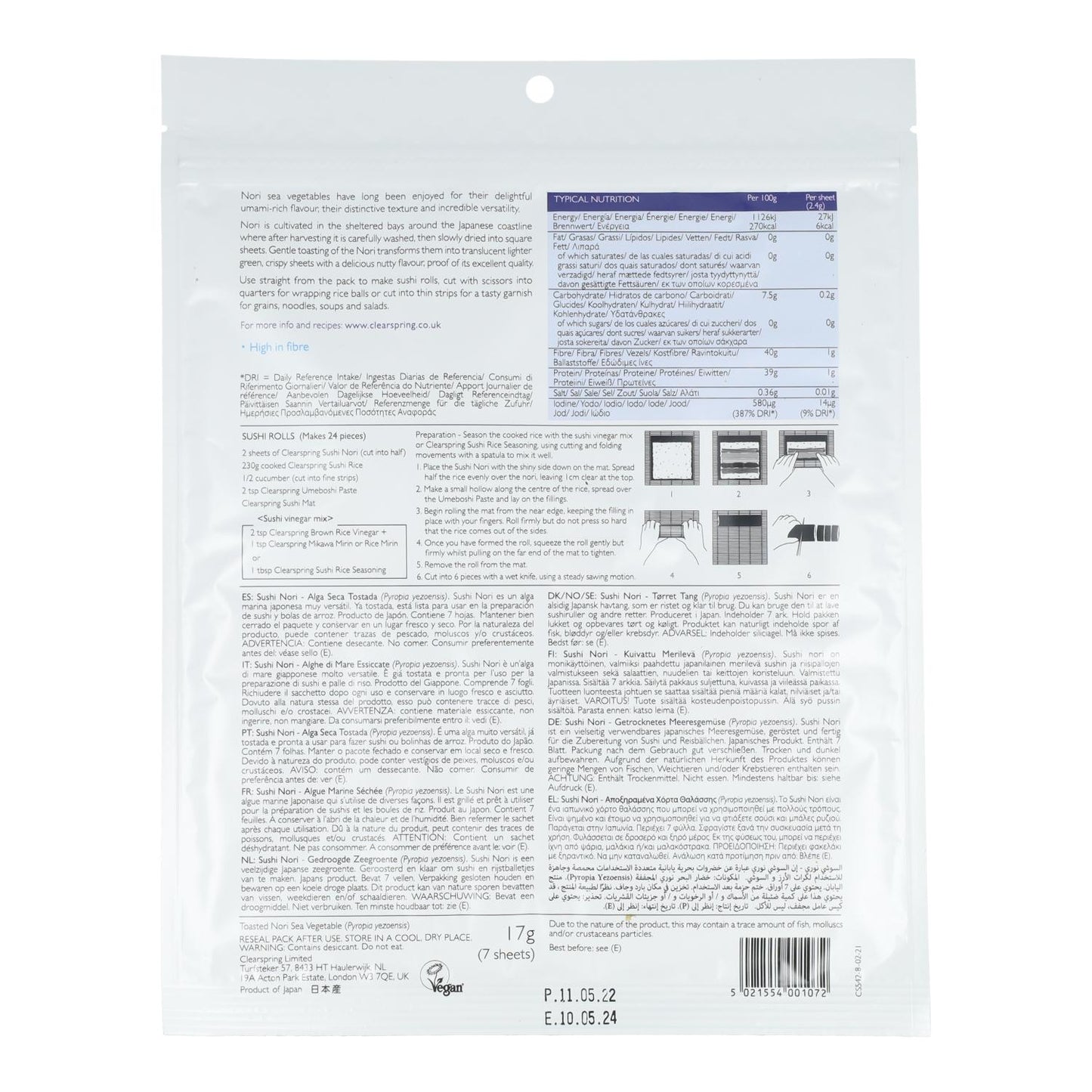 Clearspring Spezial Sushi Nori Algen, 7 Blätter, 17 g