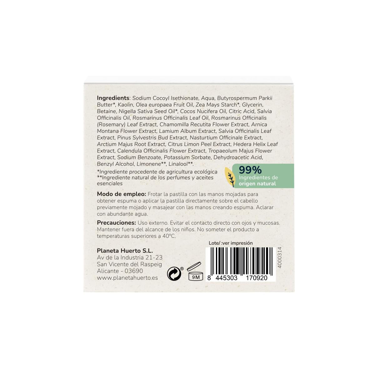 Vaste antiroosshampoo met rozemarijn en salie Planeta Huerto 85 g