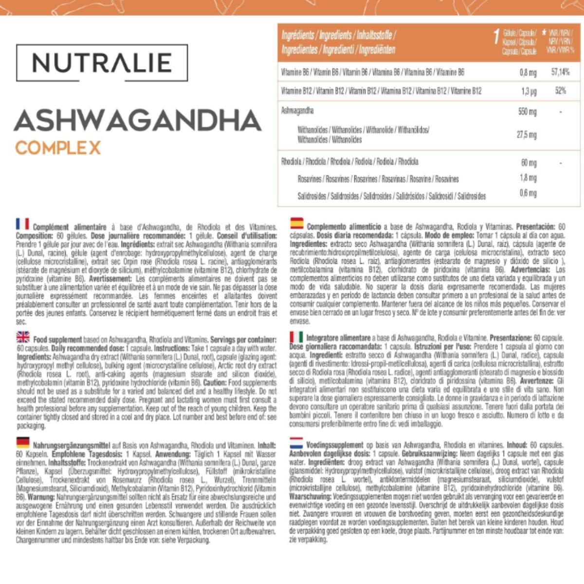 Ashwagandha avec vitamines B6 et B12 Nutralie 60 gélules