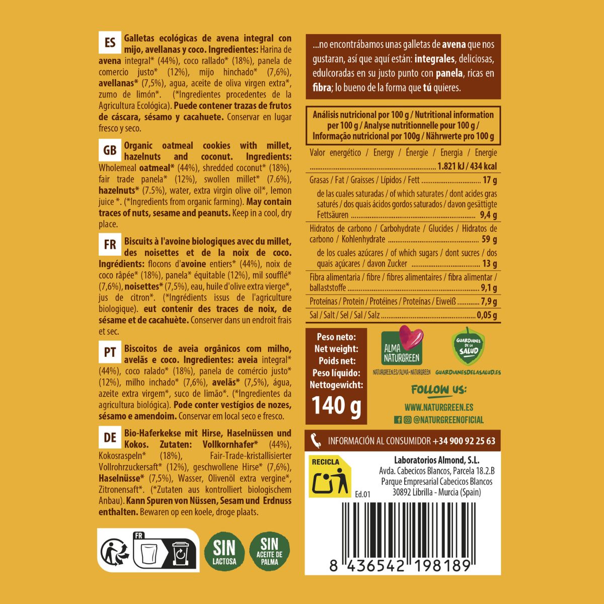 Pełnoziarniste ciastka owsiane z proso, orzechami laskowymi i kokosem Bio NaturGreen 140 g