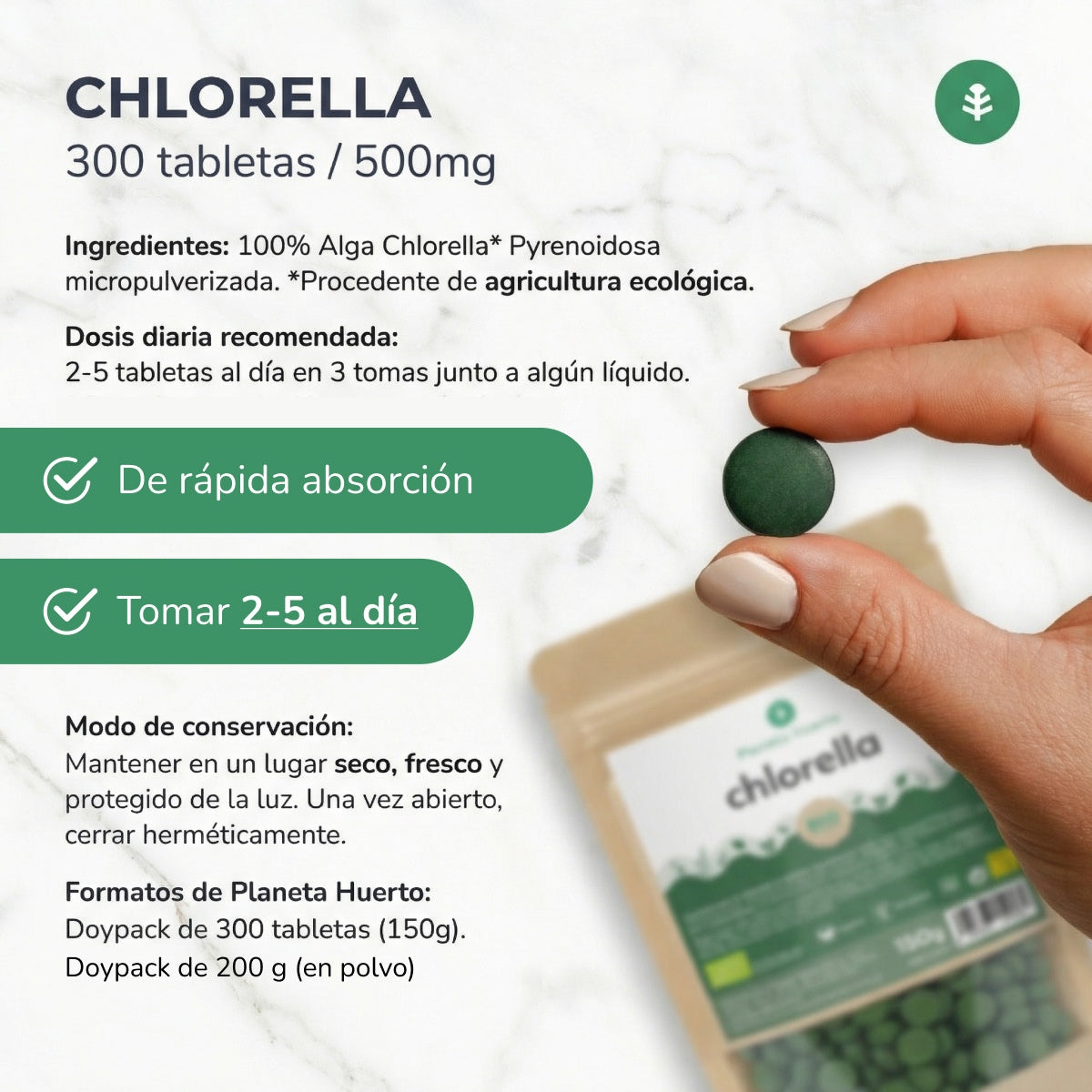 Chlorella biologique 400 mg Planeta Huerto 300 comprimés