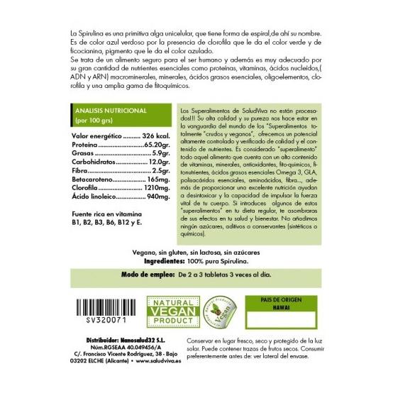 Spiruline ECO 260 comprimés 125 g, Salud Viva