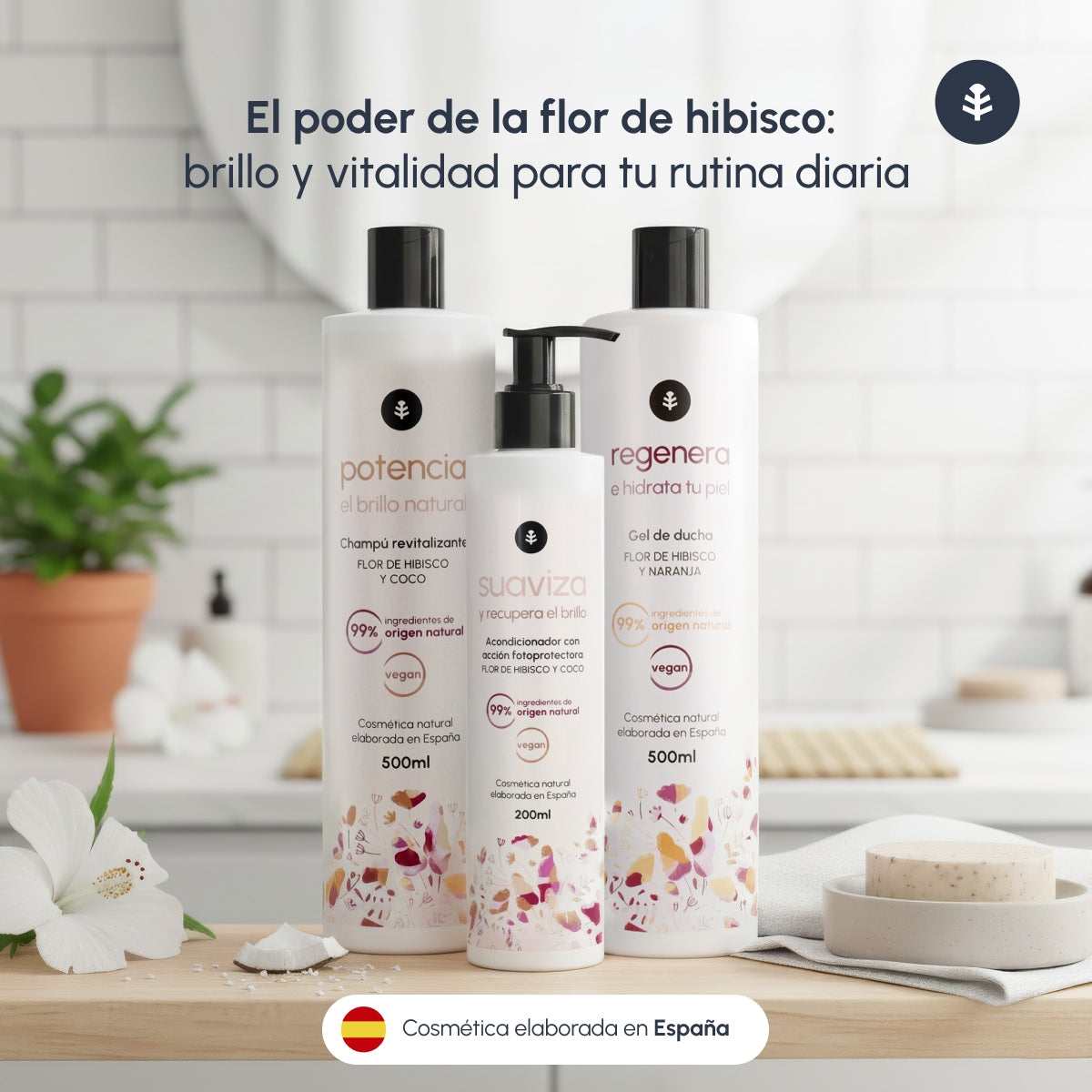 Hibiscusbloem-pakket: glansversterkende shampoo 500 ml + douchegel 500 ml + glansherstellende conditioner 200 ml Planeta Huerto