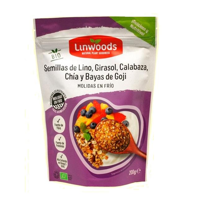 Bio-Leinsamen, Sonnenblumenkerne, Kürbiskerne, Chiasamen und Gojibeeren, gemischt mit Linwoods, 200 g