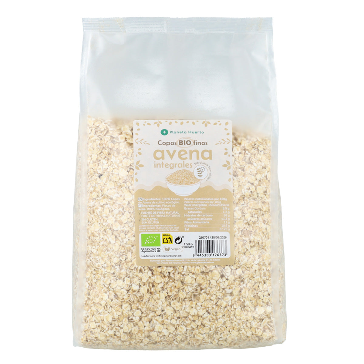 Pack of 4 x Planeta Huerto Organic Gluten-Free Fine Oat Flakes 1.5 kg