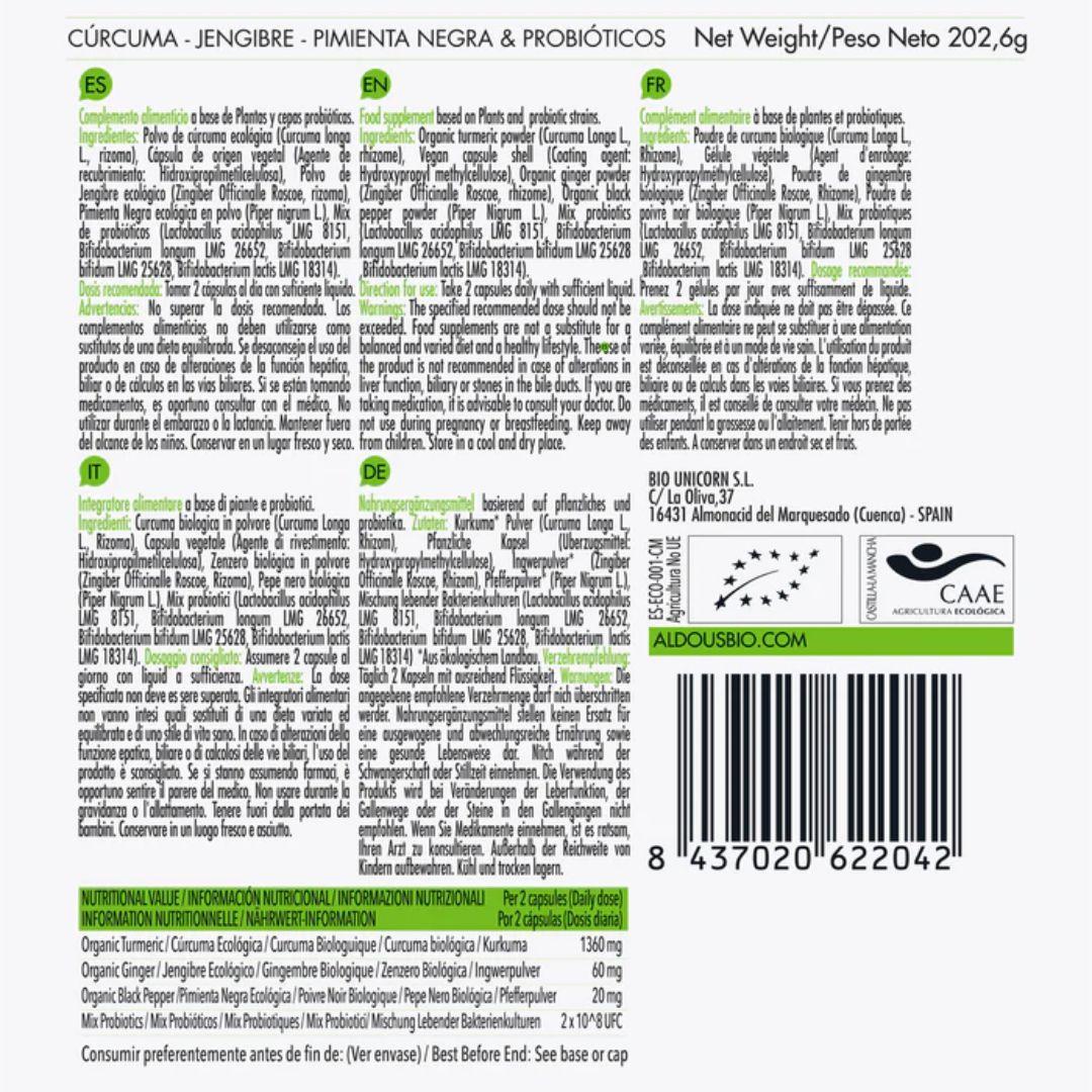 Ekologiczna kurkuma z imbirem, czarnym pieprzem i probiotykami, 250 kapsułek. Aldous Bio