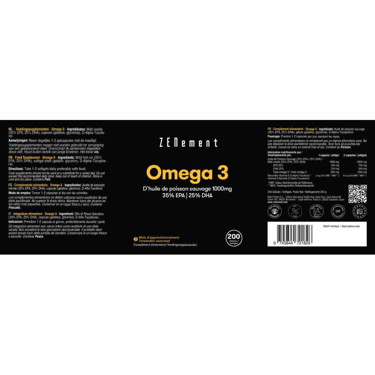 Zenement Maximum Concentration Omega-3, Wild Fish Oil 1000 mg | 35% EPA | 25% DHA, 200 tablets