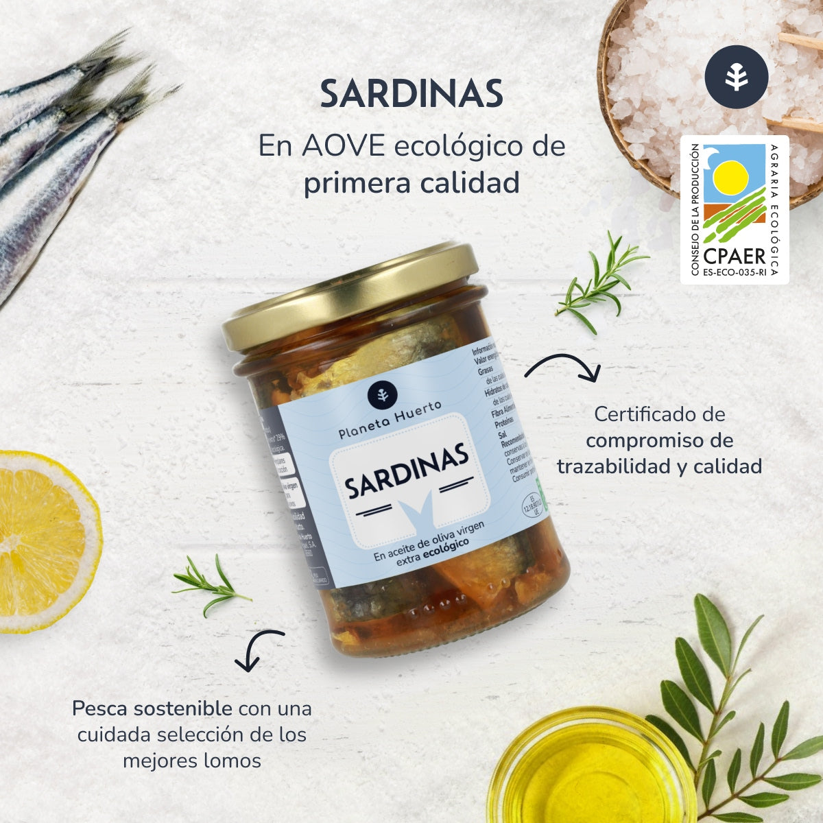 Emballage 6x Sardines à l'huile d'olive ECO Planeta Huerto 190 gr