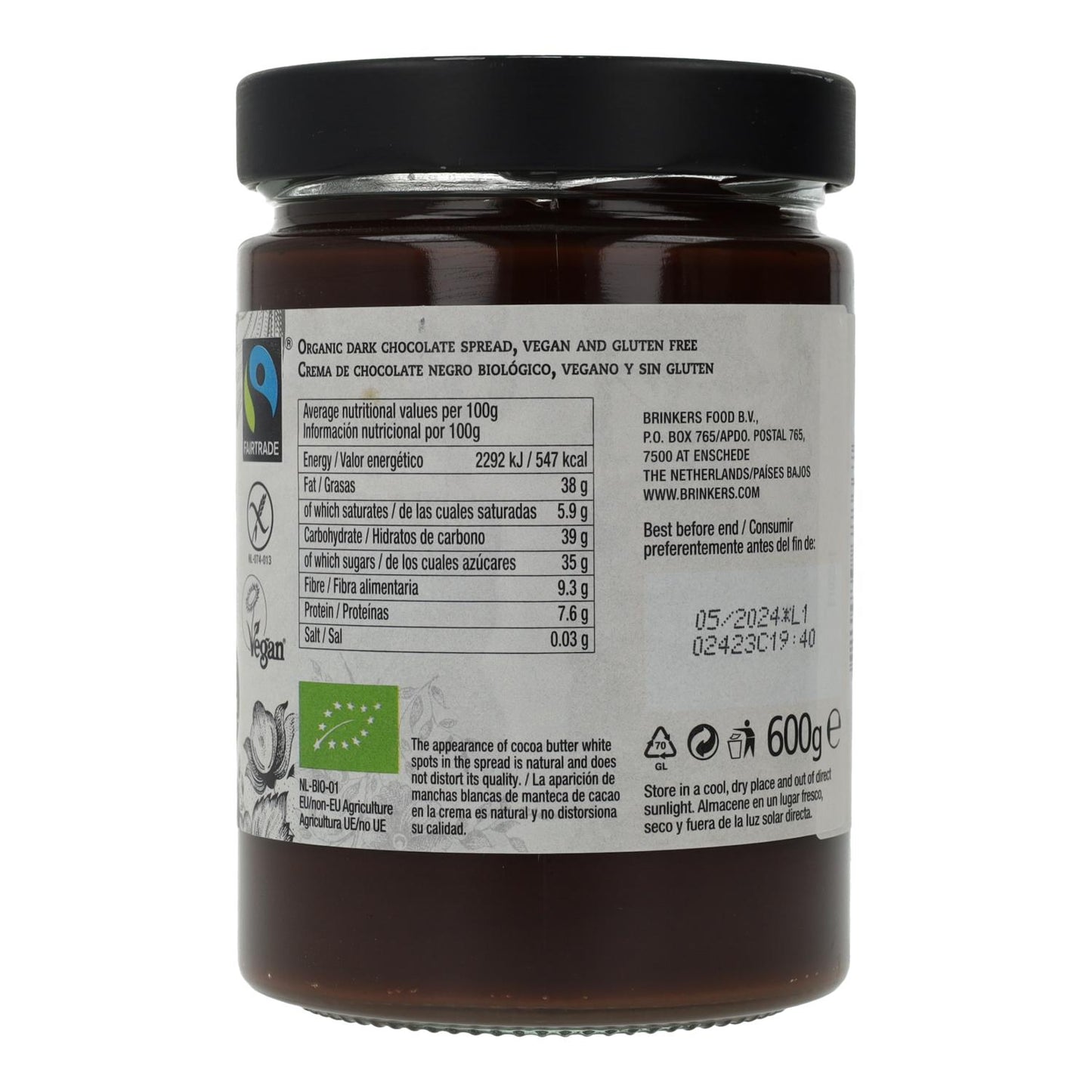 Vegane, glutenfreie Zartbitterschokoladencreme, La Vida Vegan, 600 g