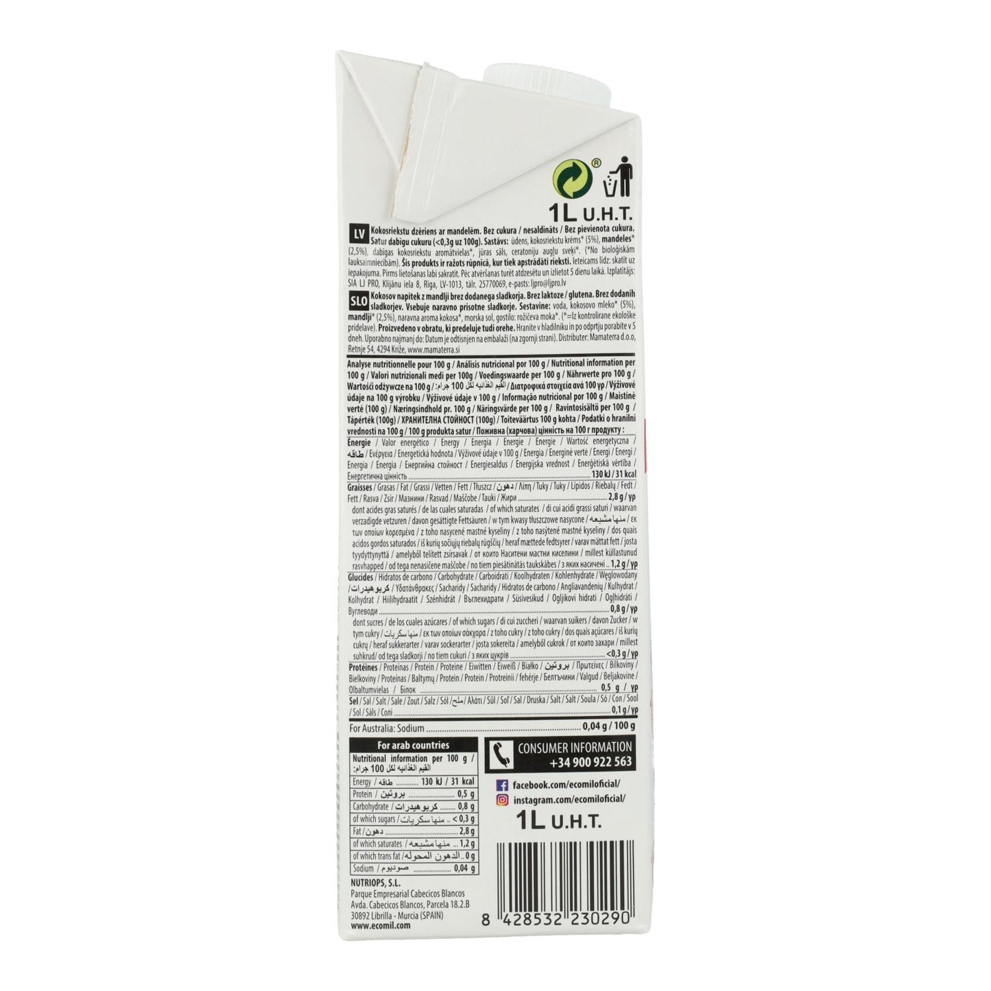 Zuckerfreies Kokos-Mandel-Getränk Ecomil 1 l