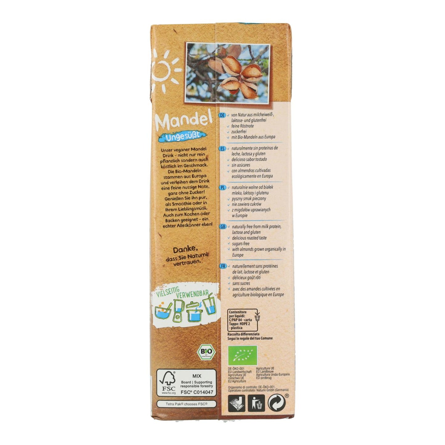 Pack of 6 Natumi Organic Unsweetened Almond Drink 1 L