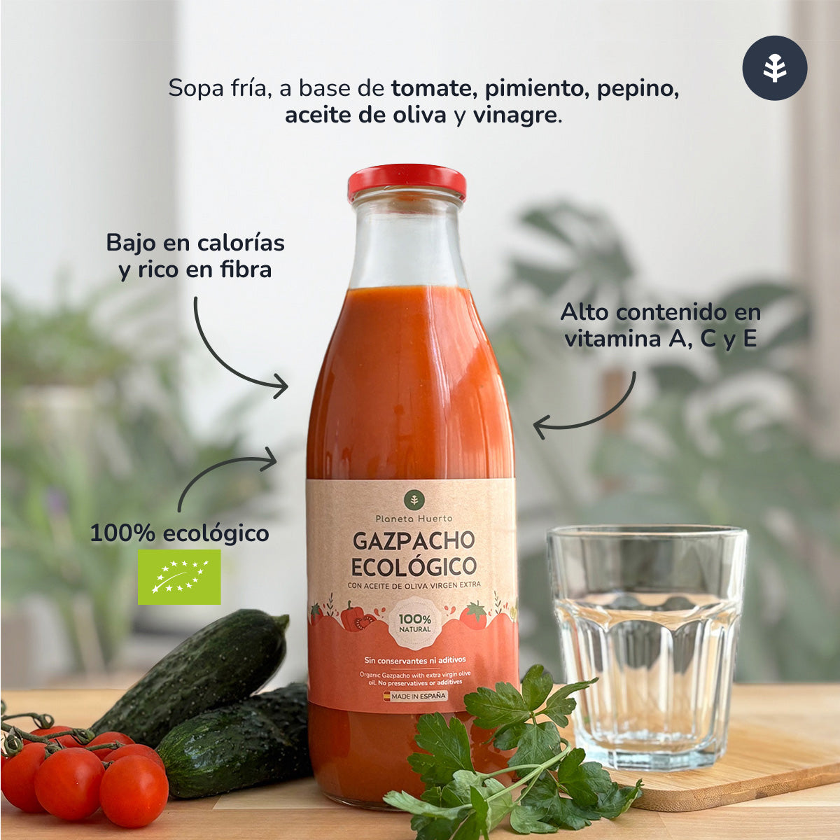 Bio-Gazpacho nach traditionellem Rezept mit 1 Liter nativem Olivenöl extra von Planeta Huerto.