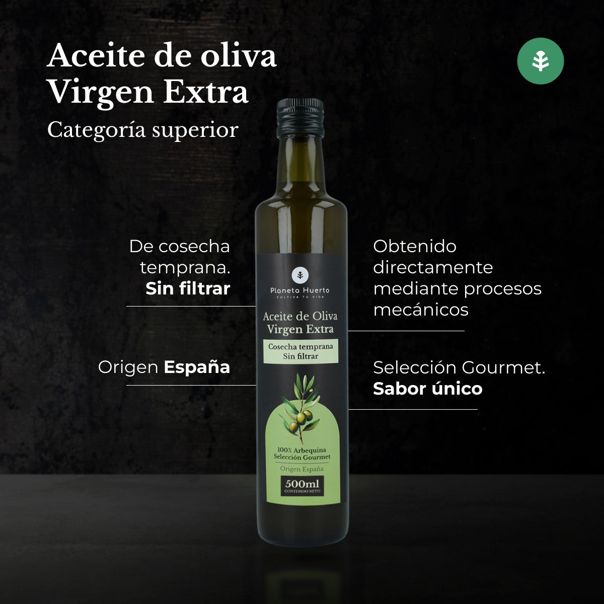 3-pack Planeta Huerto extra jungfruolja, tidig skörd, grön, ofiltrerad, 500 ml