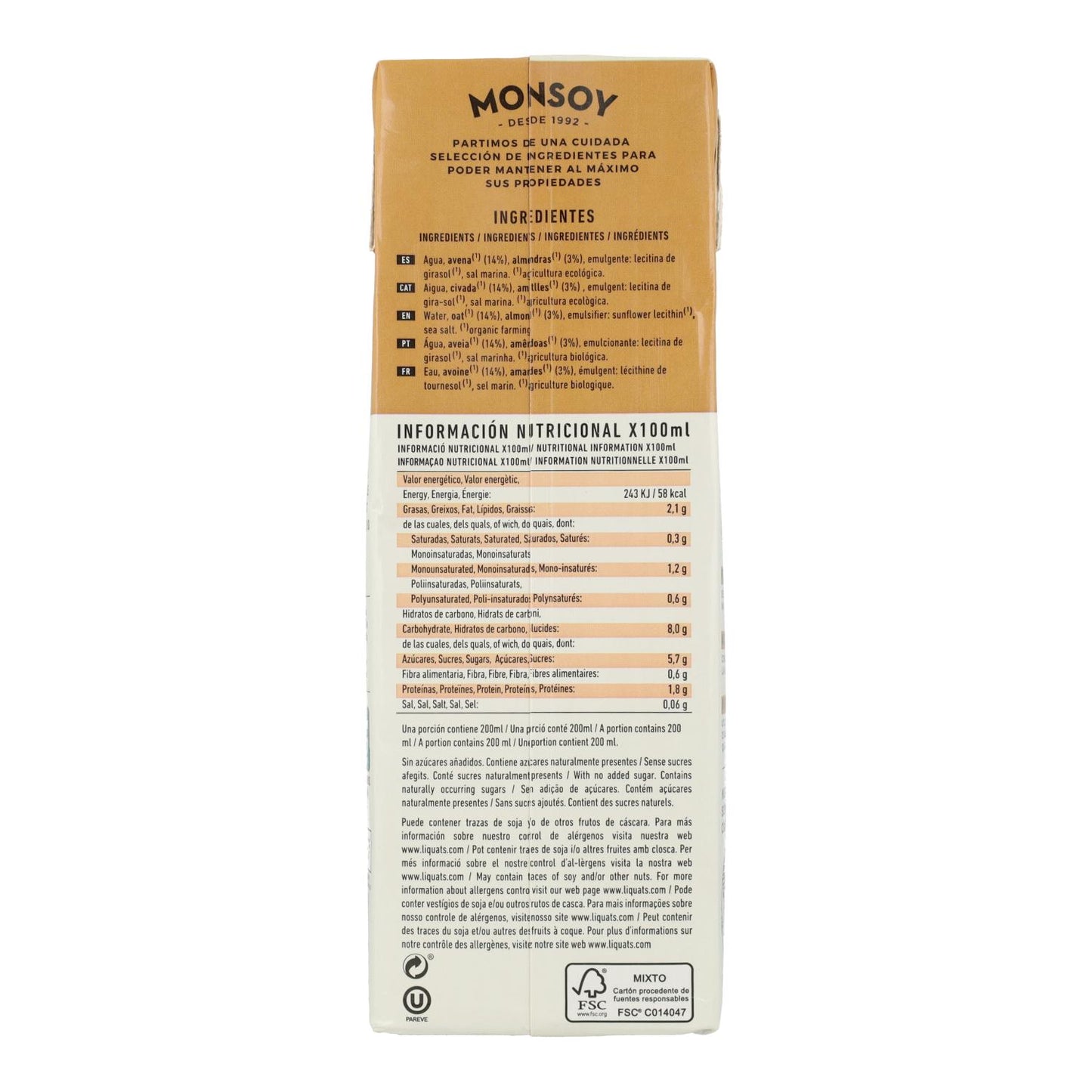 Monsoy Organic Oat and Almond Drink 1 L