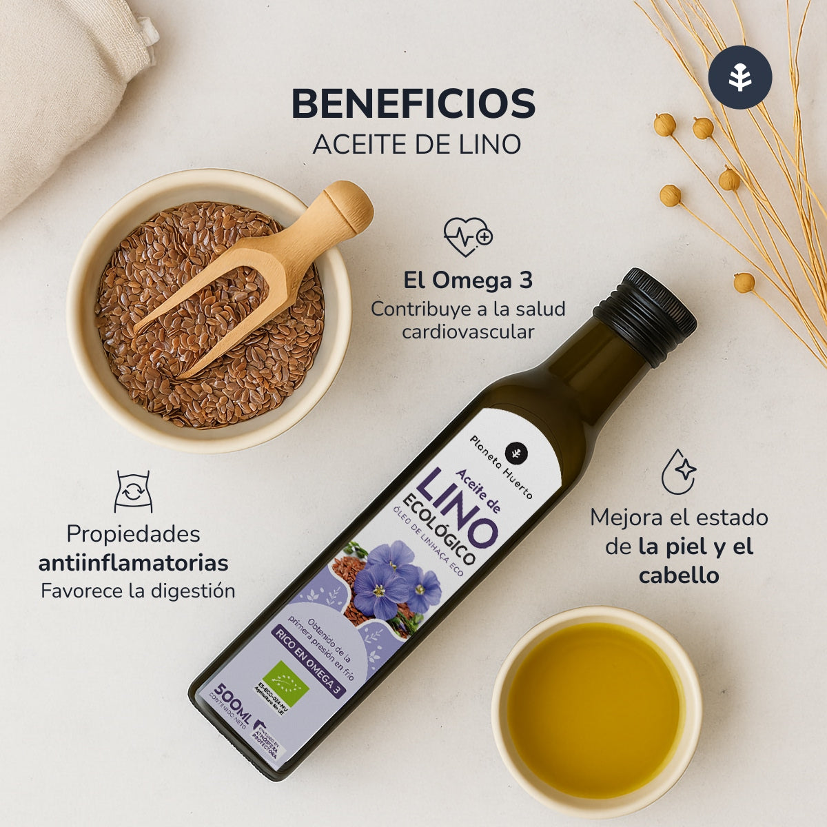Confezione da 2 oli di lino spremuto a freddo ECO Planeta Huerto 500 ml