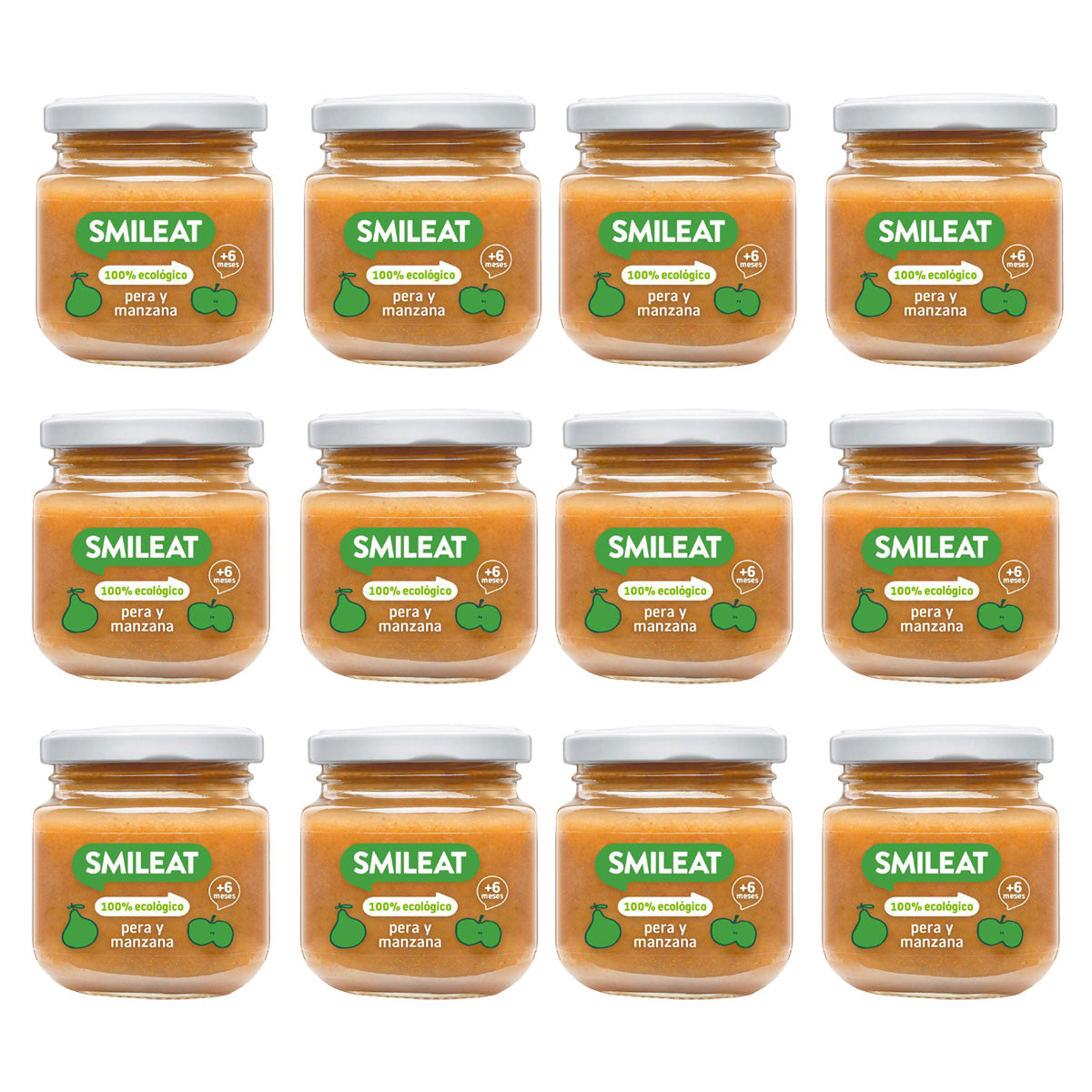 Lot de 12 petits pots BIO poire et pomme +6 mois Smileat, 130 g