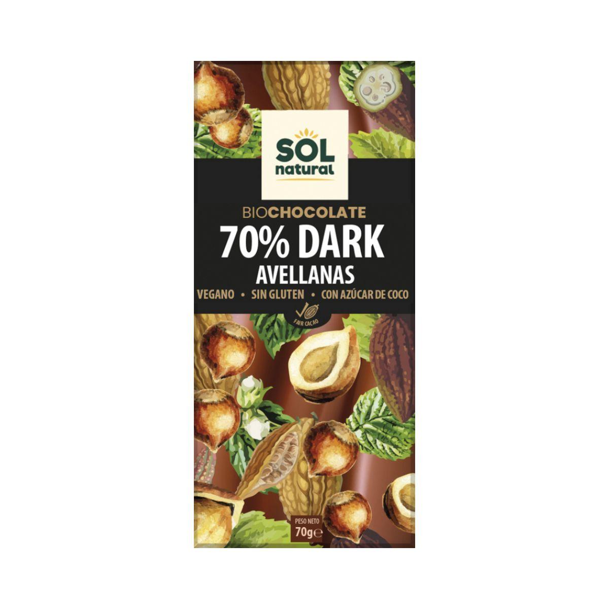 Sol Natural 70% dark vegan chocolate with organic hazelnuts, 70 g