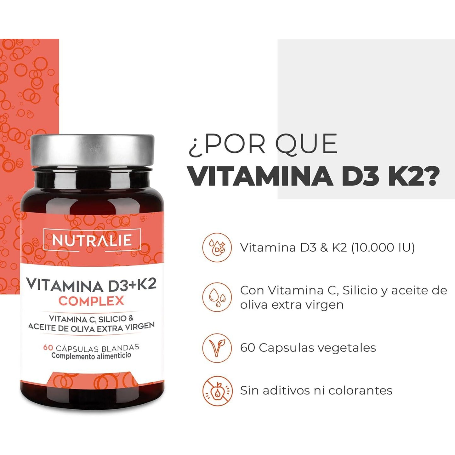 Nutralie Vitamin D3+K2 Complex 10000 IE + Vit C 60 kapslar