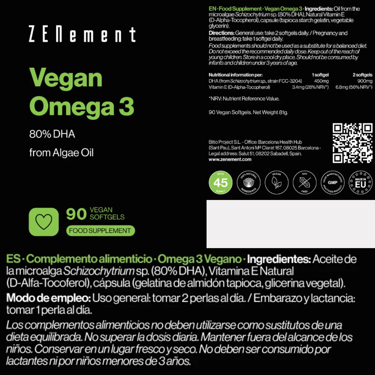 Veganistisch omega 3 80% DHA uit algenolie Zenement 90 capsules