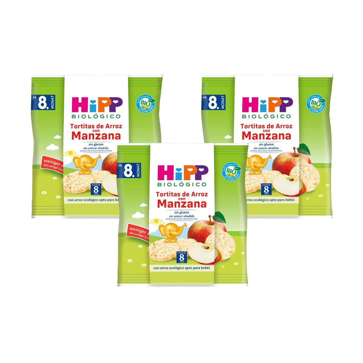 3er-Pack glutenfreie Bio-Reiswaffeln mit Apfel für Babys ab 8 Monaten HiPP 30 g