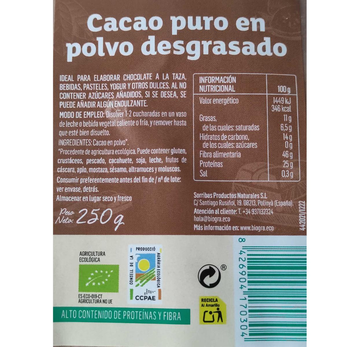 Biográ pure defatted organic cocoa powder 250 g