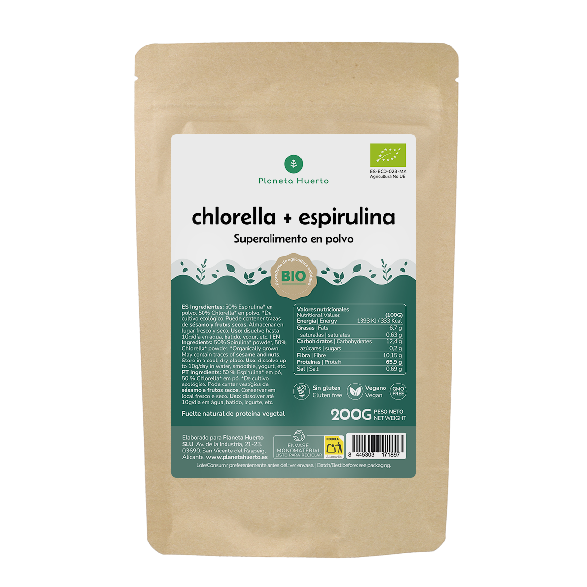 Chlorella + Spirulina powder Planeta Huerto 200 g