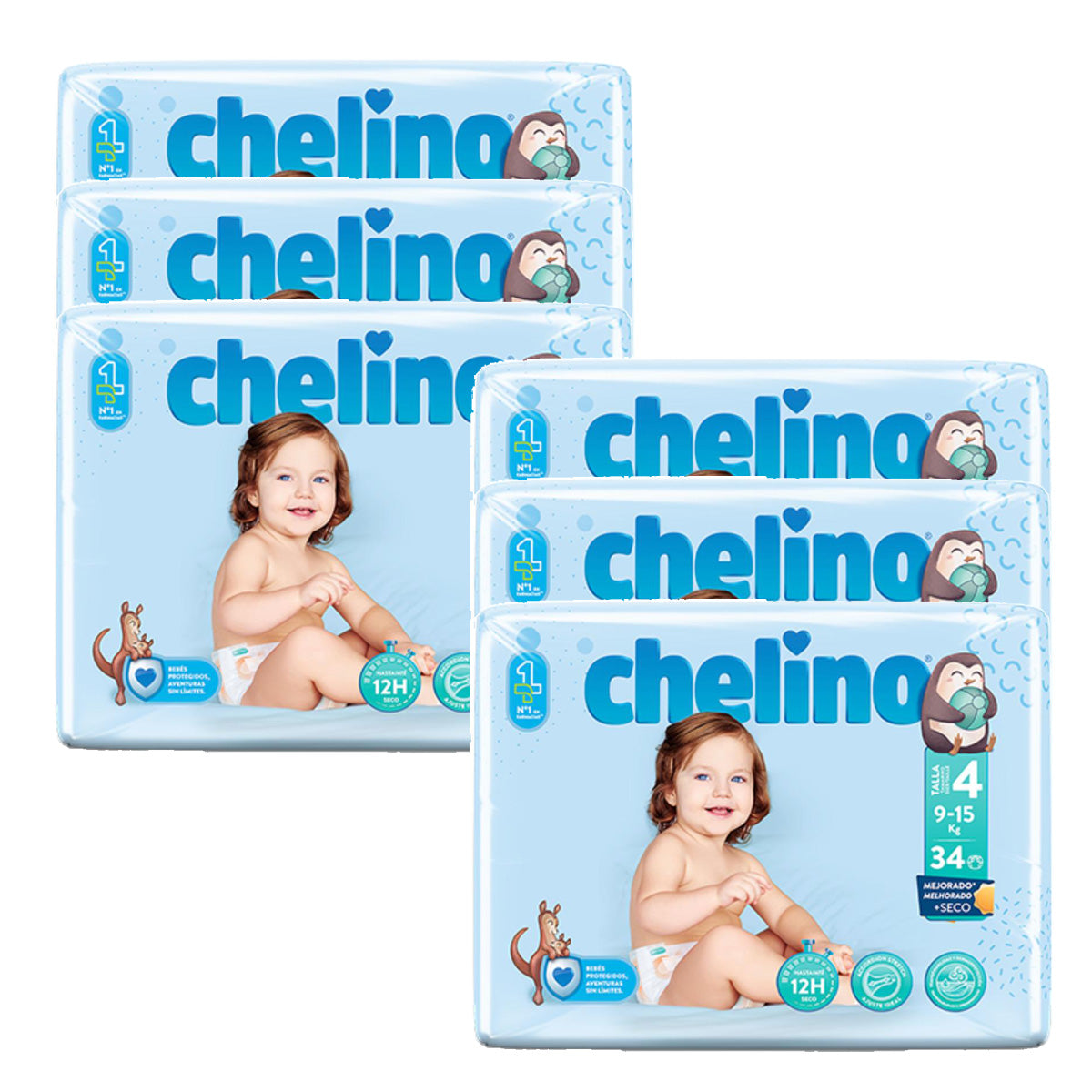 Pack of 6x Gateo T4 Nappies (9-15 kg) 34 units, Chelino