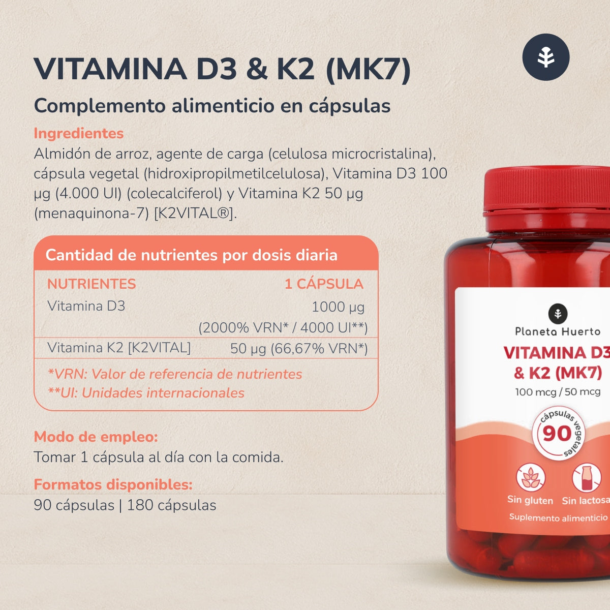 Pack 2xVitamin D3 & K2 Mk7 Planeta Huerto 180 Capsules