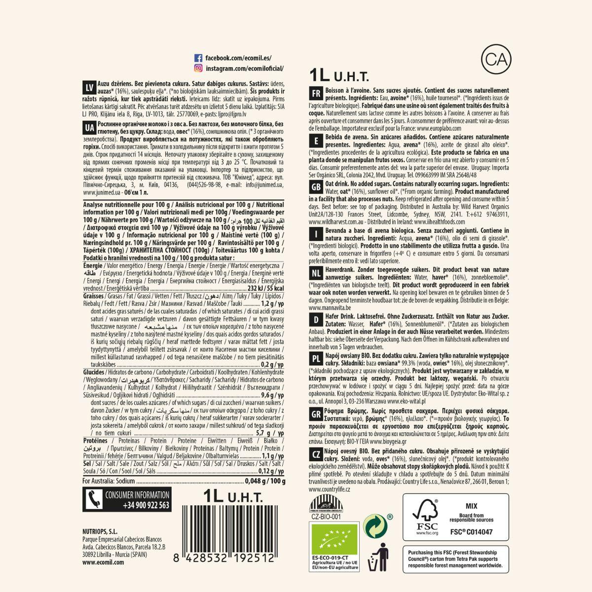 Vegetabilisk dryck av ekologisk havre utan tillsatt socker Ecomil 1 l