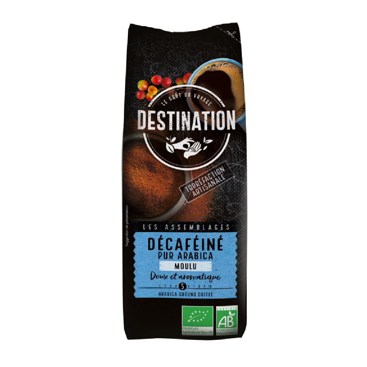 Caffè macinato decaffeinato delicato 100% Arabica BIO Destination 250 g
