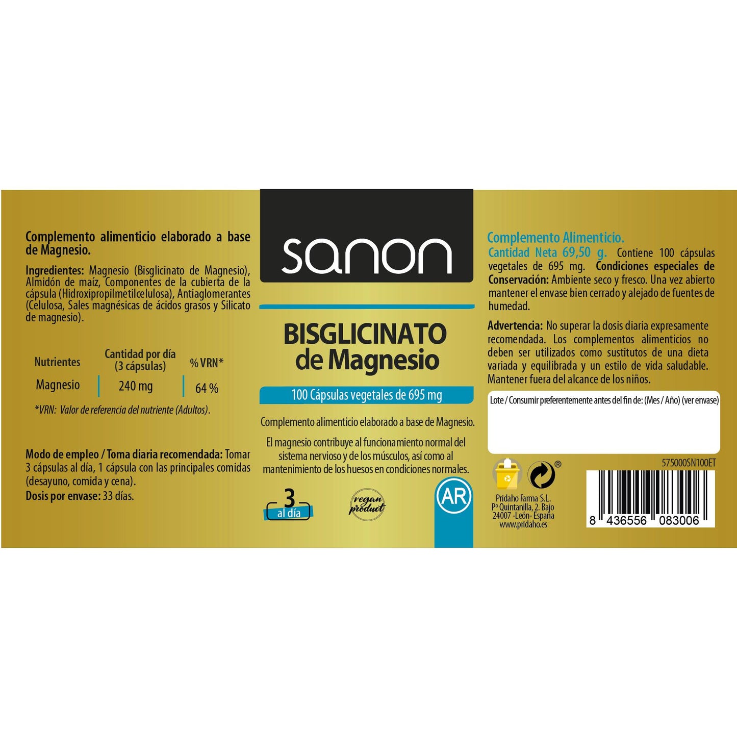 Bisglycinate de magnésium SANON 100 gélules végétales 550 mg