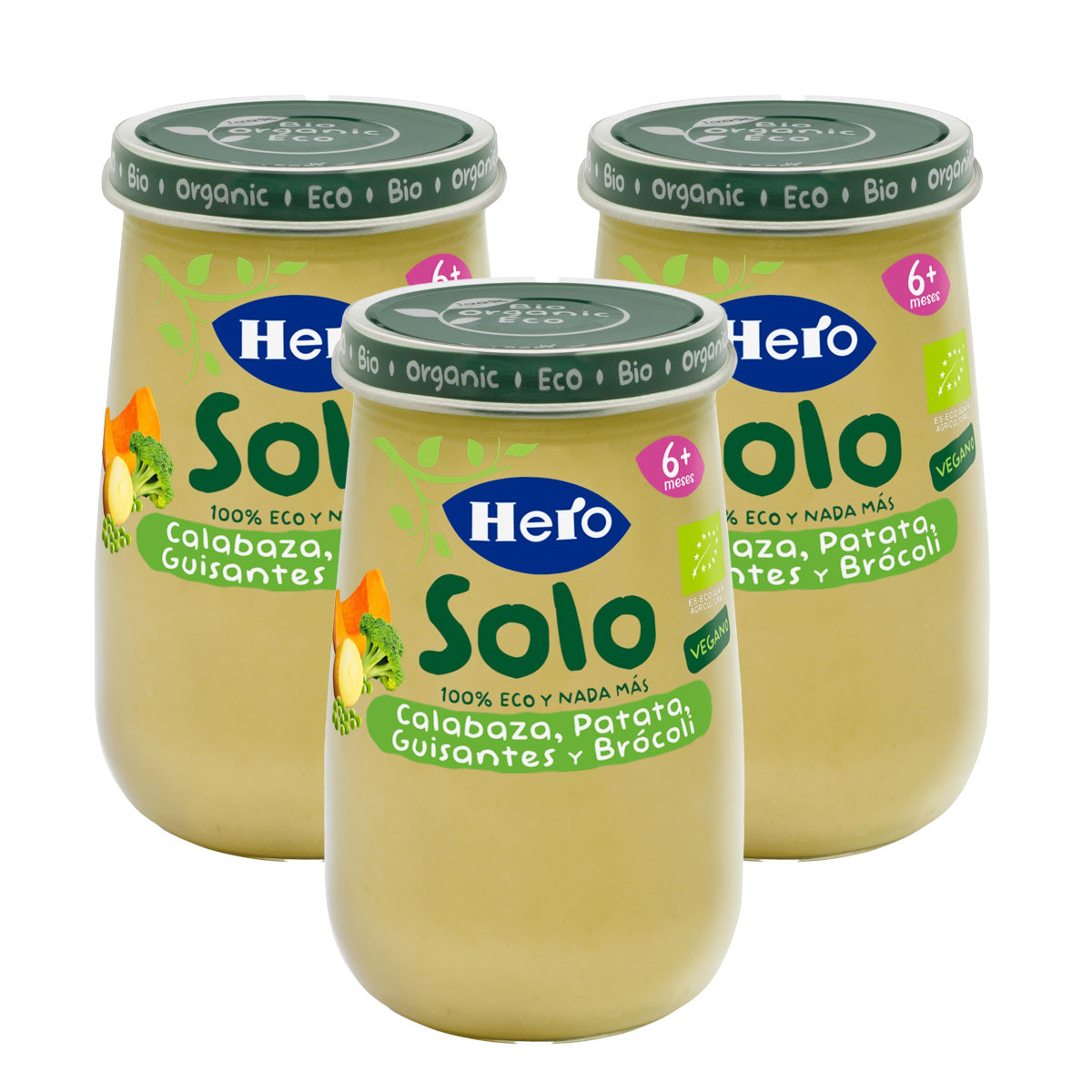 Confezione da 3 vasetti di zucca, patate, piselli e broccoli biologici 190 g-Hero Solo